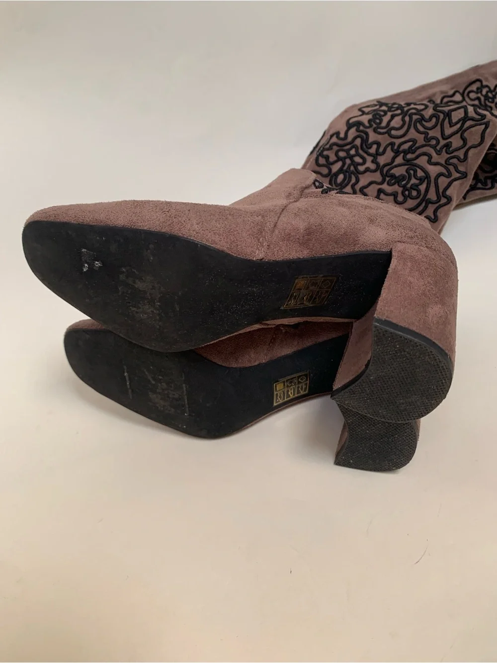 Jeffrey Campbell Cienage Taupe Over-the-Knee Embroidered Block Heel Boots Suede